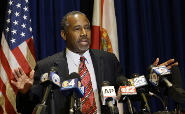 Republican presidential candidate Ben Carson speaks during a news conference before attending a Black Republican Cau