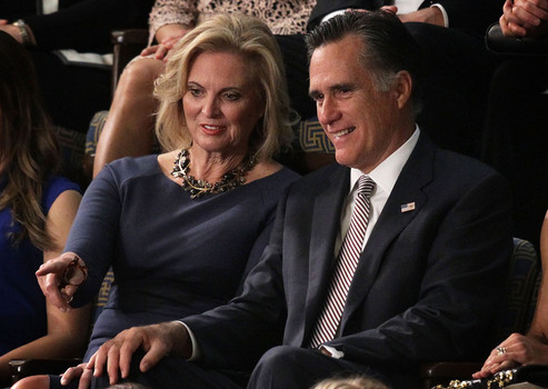 Former Republican presidential candidate Mitt Romney and his wife Ann Romney watch a speaker election in the House Chamber of the Capitol