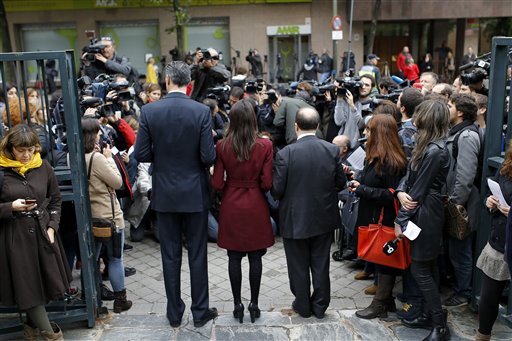 Catalan branches of Spain's ruling conservative Popular Party Xavier Albiol Citizens party Ines Arrimadas and Socialist party Miquel Iceta backs to camera from left pose for the media after filling complaints at Spain's Constitutional Cou