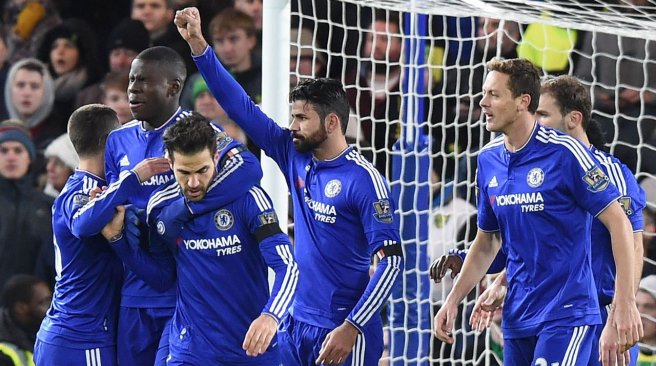 Chelsea striker Diego Costa celebrates after scoring his team's first goal during the English Premier League football match between Chelsea and Norwich City at Stamford Bridge in London