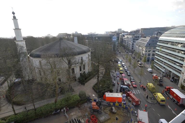 26 2015 shows ambulances police and fire fighter vehicles outside the mosque after a suspect letter with powder was found at the Great Mosque in Brussels