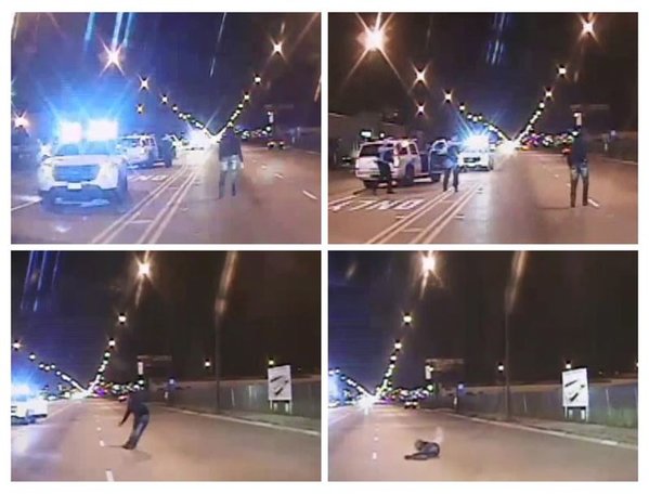 Laquan Mc Donald walks on a road and is subsequently shot by police officer Jason Van Dyke in Chicago in this combination of still images taken from a police vehicle dash camera video shot