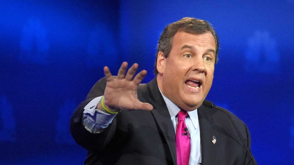 Chris Christie is shown at the CNBC Republican presidential debate at the University of Colorado on Oct. 28