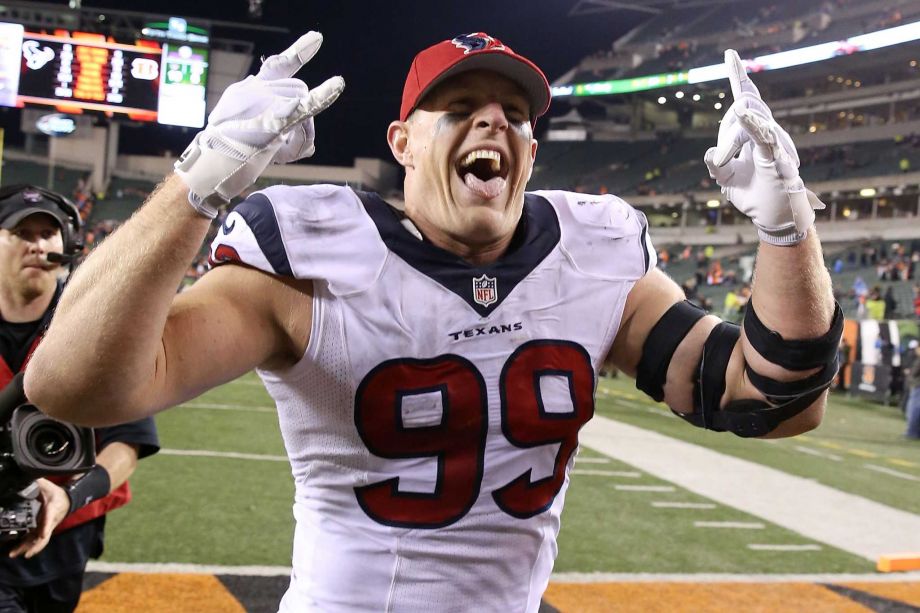 J.J. Watt of the Houston Texans celebrates as he runs off of the field after defeating the Cincinnati Bengals 10-6 at Paul Brown Stadium on Nov. 16 2015