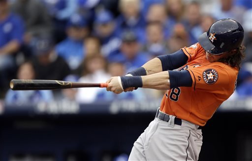 Houston Astros Colby Rasmus hits a solo home run during the third inning of Game 2 in baseball's American League Division Series against the Kansas City Royals in Kansas City Mo. A person familiar with the decisi