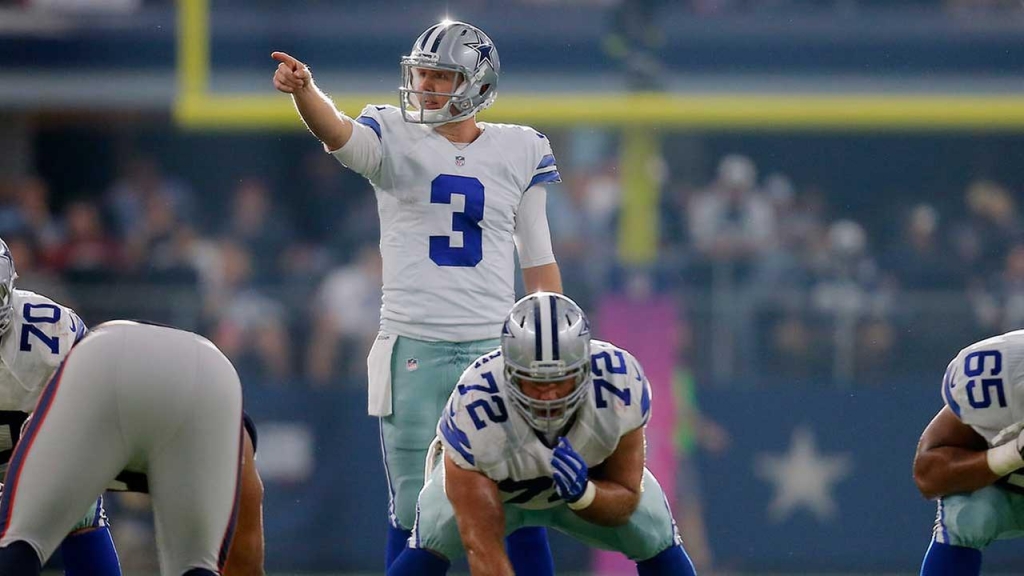 Dallas Cowboys Brandon Weeden gives direction during the second half of an NFL football game against the New England Patriots