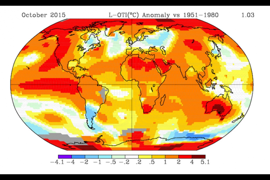 Deviations from long-term mean temperatures in October 2015.      NASA Earth Observatory