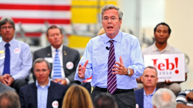 Republican presidential candidate Jeb Bush talks about his record as Florida governor and his hopes for his presidency during a campaign stop at the Kaman Aerospace in Jacksonville Fla. on Monday