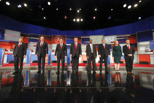 Republican presidential candidates John Kasich Jeb Bush Marco Rubio Donald Trump Ben Carson Ted Cruz Carly Fiorina and Rand Paul take the stage before the Republican presidential debate at the Milwaukee Theatre on Nov. 10. (Jeffrey Phelps Associate