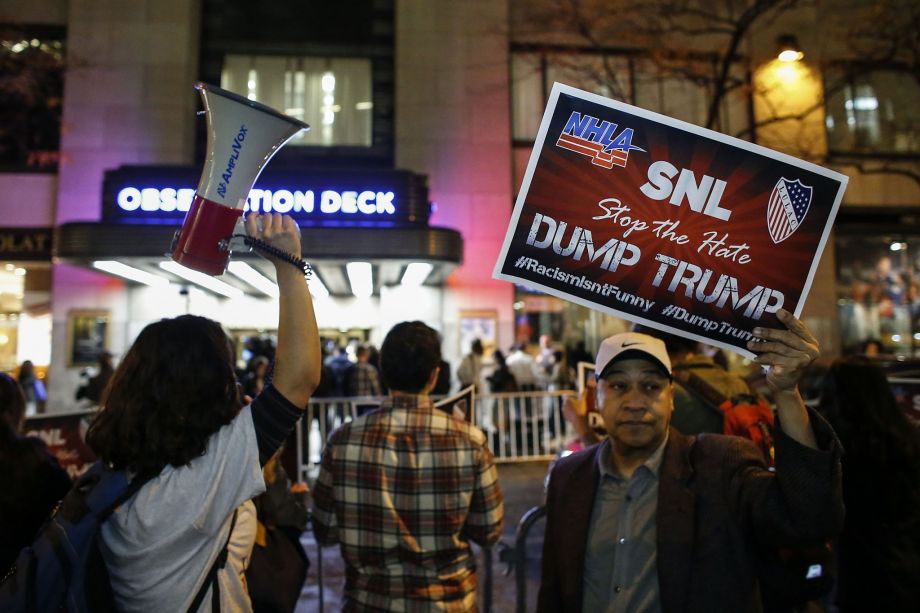 Protesters rally at NBC studios last week to denounce the network for having GOP presidential candidate Donald Trump host “Saturday Night Live.”