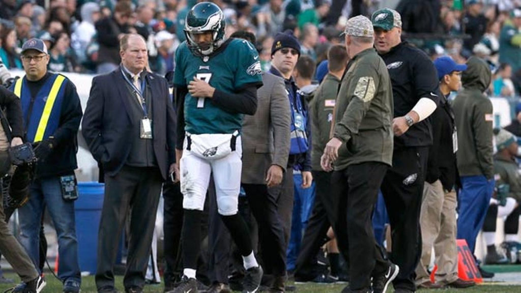 Philadelphia Eagles Sam Bradford heads to the locker room after being injured during the second half of an NFL football game against the Miami Dolphins Sunday Nov. 15 2015