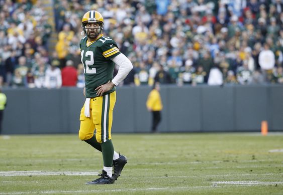 Aaron Rodgers looks back as he walk off the field during the second half of an NFL football game against the Detroit Lions Sunday Nov. 15 2015 in Green Bay Wis. The Lions won 18-16