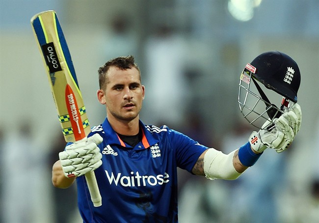 England's Alex Hales celebrates after reaching century during the second one day international match against Pakistan at Zayed Cricket Stadium in Abu Dhabi United Arab Emirates Friday Nov. 13 2015