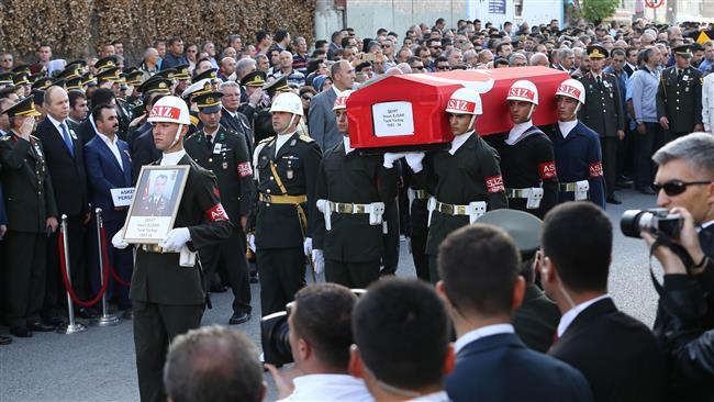 Honor guards carry the coffin of a Turkish army officer killed during clashes with PKK militants near the Iraqi border in the capital Ankara