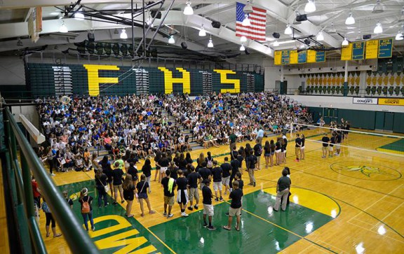 Students gather in the gym at Fremd High School one of the campuses in Township School District 211