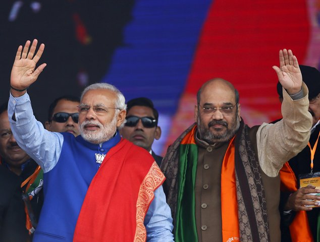 Modi with BJP president Amit Shah at a rally in Bihar. Reuters