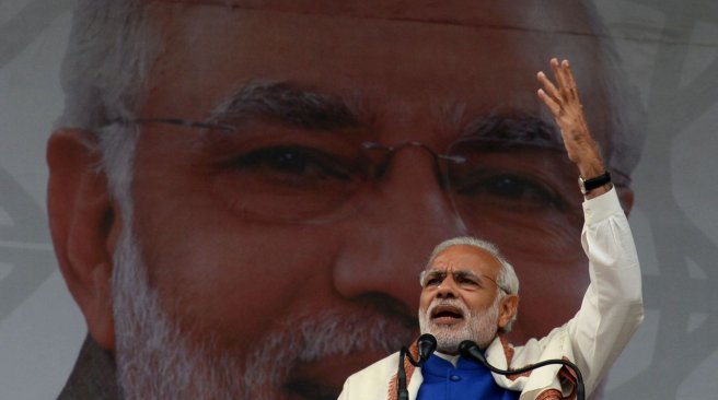 Indian Prime Minister Narinder Modi addresses a public rally in Srinagar