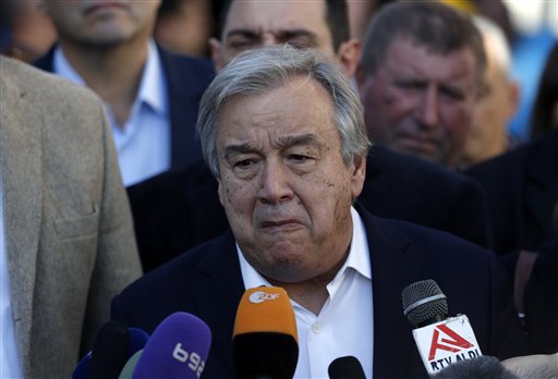 United Nations High Commissioner for Refugees Antonio Guterres speaks to reporters during a visit to a refugee center in the southern Serbian town of Presevo Tuesday Nov. 17 2015. Europe faces a massive refugee crisis. More than 600,000 people have mad