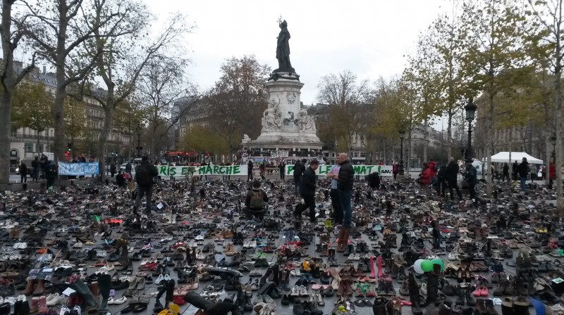 Hundreds of pairs of shoes at Place de Republique represent those people who would have marched for a climate deal before the demonstrated was cancelled