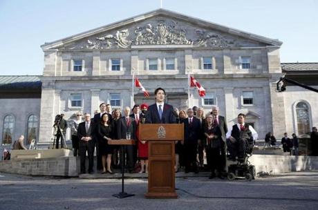 Canada’s new Prime Minister Justin Trudeau spoke to the crowd outside Rideau Hall after the government’s swearing-in ceremony in Ottawa on Wednesday