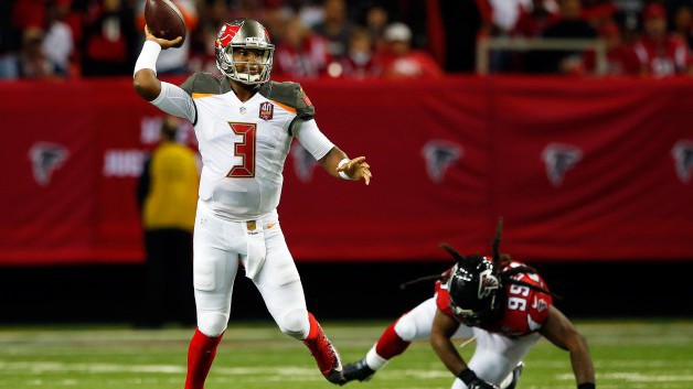 ATLANTA GA- NOVEMBER 01 Jameis Winston #3 of the Tampa Bay Buccaneers throws a pass outside the pocket during the second half against the Tampa Bay Buccaneers at the Georgia Dome