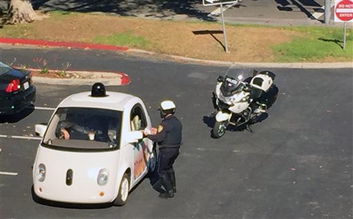 Milewski a California police officer pulls over a self-driving car specially designed by Google that was being tested on a local road in Mountain View Calif. The police officer saw the car going