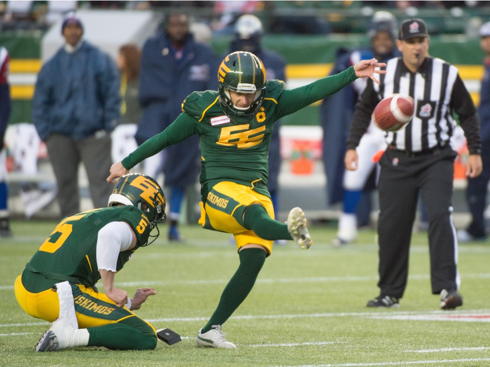 Sean Whyte of the Edmonton Eskimos kicks a field goal against the Montreal Alouettes during the team's final game of the CFL regular season on Nov. 1 2015 at Commonwealth Stadium