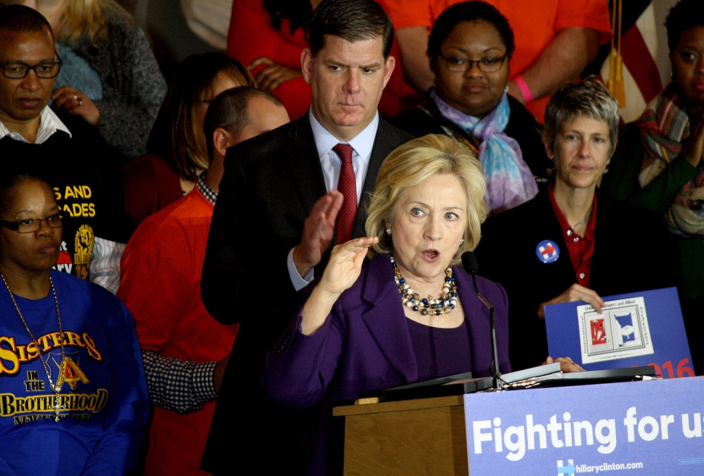 Hillary Clinton spoke during a Grassroots Organizing meeting joined by Boston Mayor Martin Walsh at Faneuil Hall on Sunday