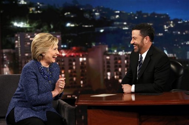 Democratic presidential candidate Hillary Rodham Clinton left laughs with host Jimmy Kimmel Thursday Nov. 5 2015 during'Jimmy Kimmel Live in Hollywood Calif