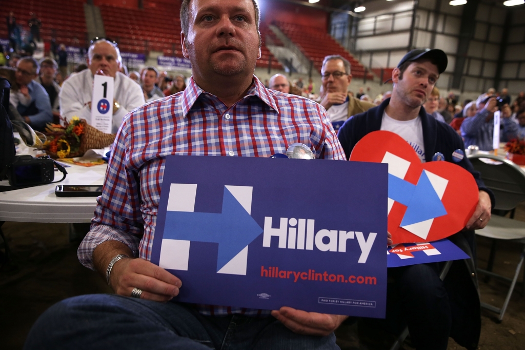 AMES IA- NOVEMBER 15 Supporters of Democratic presidential candidate Hillary Clinton listen to her stump speech during the Central Iowa Democrats fall barbecue