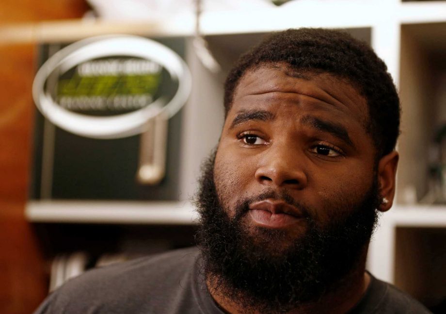 New York Jets Sheldon Richardson talks to the media after practice at the team's NFL football training facility Wednesday Nov. 18 2015 in Florham Park N.J