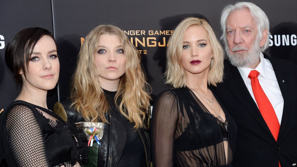 Actors from left Jena Malone Natalie Dormer Jennifer Lawrence and Donald Sutherland attend a special screening of'The Hunger Games Mockingjay Part 2' Nov. 18 2015 in New York