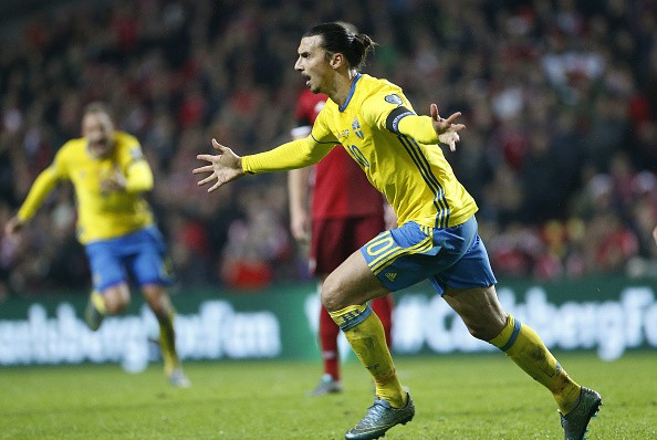 Ibrahimovic celebrates his second goal which effectively put Sweden through to Euros at the expense of the Danes