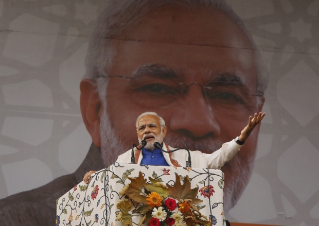 Indian Prime Minister Narendra Modi speaks during a public rally in Srinagar