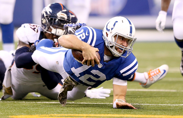 INDIANAPOLIS IN- NOVEMBER 08 Andrew Luck #12 of the Indianapolis Colts runs with the ball during the game against the Denver Broncos at Lucas Oil Stadium