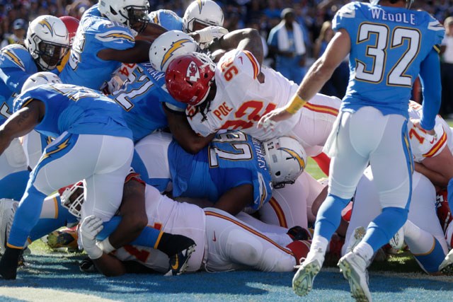 The Kansas City Chiefs Dontari Poe scores a touchdown during the first half of an NFL football game against the San Diego Chargers Sunday Nov. 22 2015 in San Diego