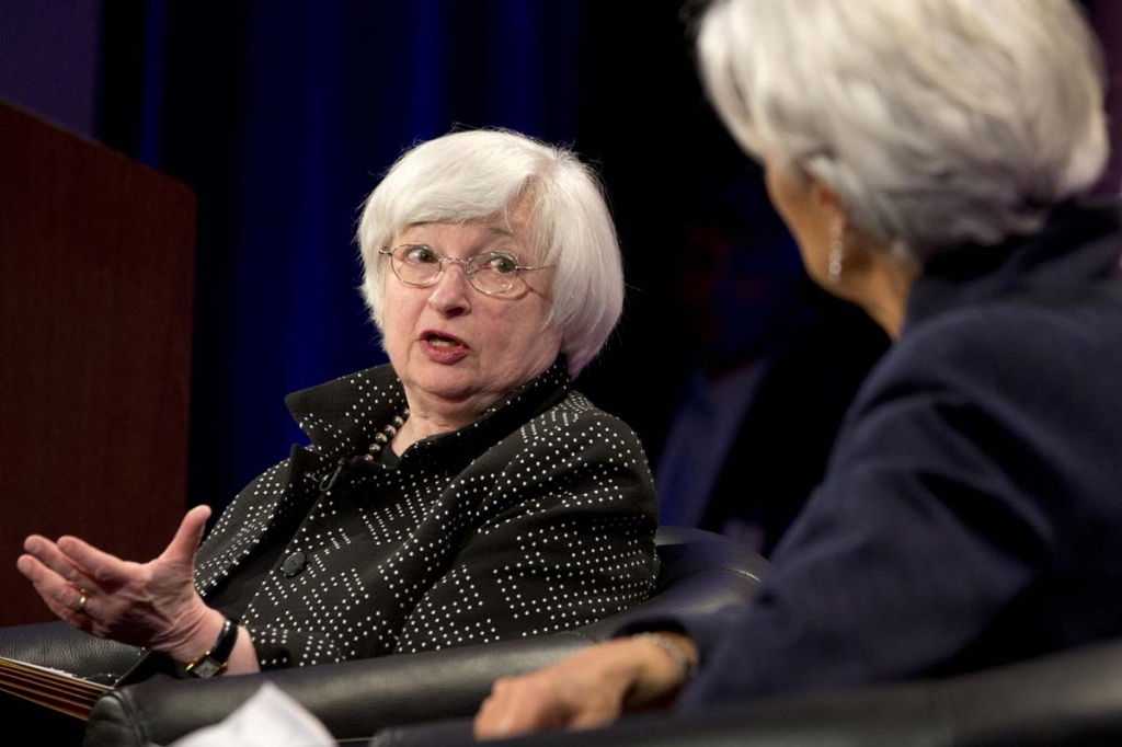 Federal Reserve Chair Janet Yellen left answers a question from International Monetary Fund Managing Director Christine Lagarde at the Institute for New Economic Thinking Conference on Finance and Society at