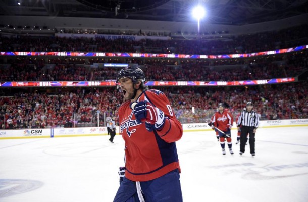 Washington Capitals left wing Alex Ovechkin, of Russia celebrates his goal against the Tampa Bay Lightning during the first period of an NHL hockey game Friday Nov. 27 2015 in Washington