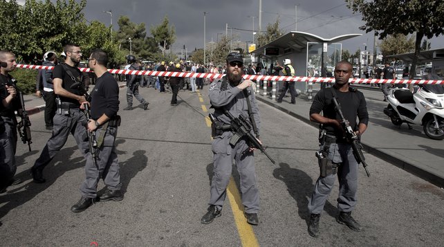 Israeli security forces cordon off an area after a Palestinian stabbing attack in Jerusalem