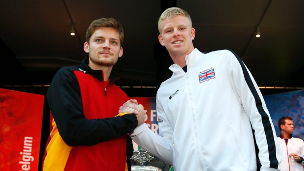 Great Britain's Kyle Edmund poses with Belgium's David Goffin after the draw for the Davis Cup final in Ghent
