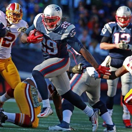 11/08/15 Foxborough MA Patriots running back Le Garrette Blount took the ball from quarterback Tom Brady 29 times in the game as he rushed for 129 yards in New England's victory. The New England Patriots hosted the Washington Re