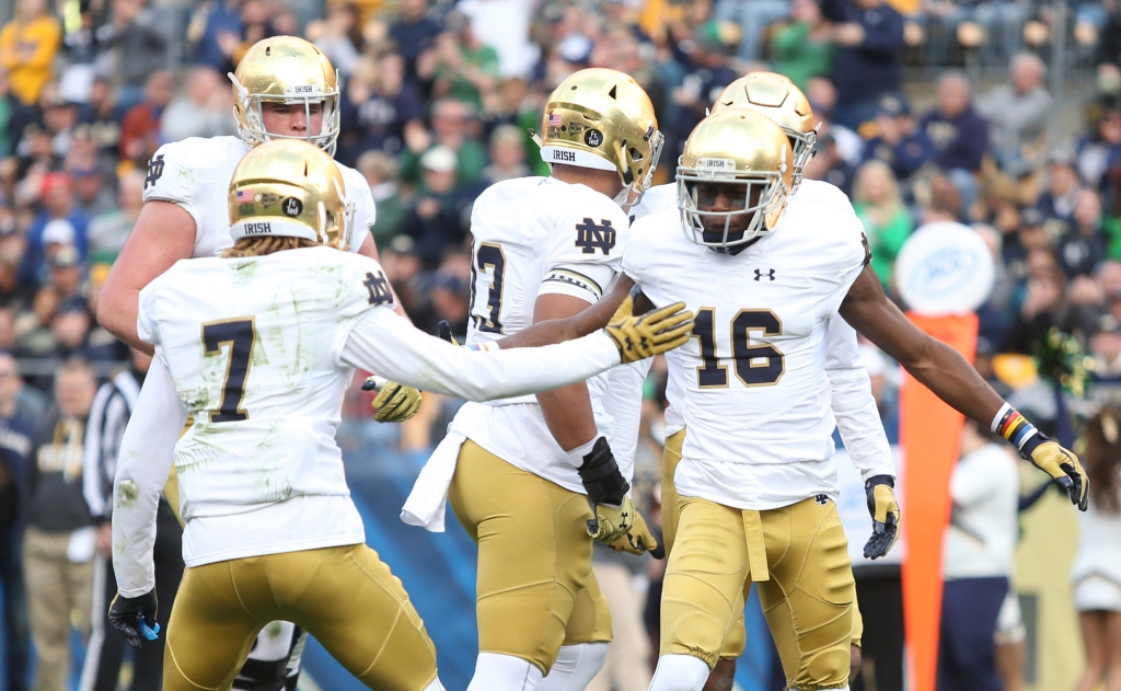 Nov 7 2015 Pittsburgh PA USA Notre Dame Fighting Irish wide receiver Will Fuller and wide receiver Torii Hunter Jr. celebrate a touchdown by Hunter against the Pittsburgh Panthers during the second quarter at Heinz Field. Mandatory Credit C