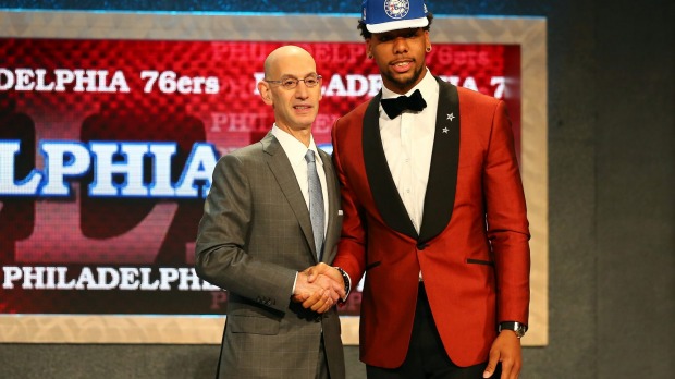 Jahlil Okafor with NBA commissioner Adam Silver after being selected third overall in the NBA draft