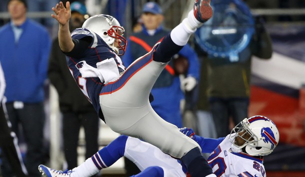 Nov 23 2015 Foxborough MA USA New England Patriots quarterback Tom Brady is upended by Buffalo Bills free safety Corey Graham during the first half at Gillette Stadium. Winslow Townson-USA TODAY Sports