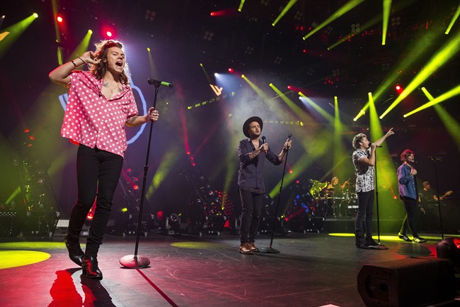 British band One Direction members from left Harry Styles Liam Payne Niall Horan and Louis Tomlinson perform on stage as part of the apple iTunes Festival 2015 at the Camden Roundhouse in London. The Americ