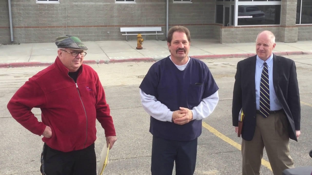 Jim Mc Closkey of Centurion Ministries Barry Beach and attorney Peter Camiel after Beech was freed