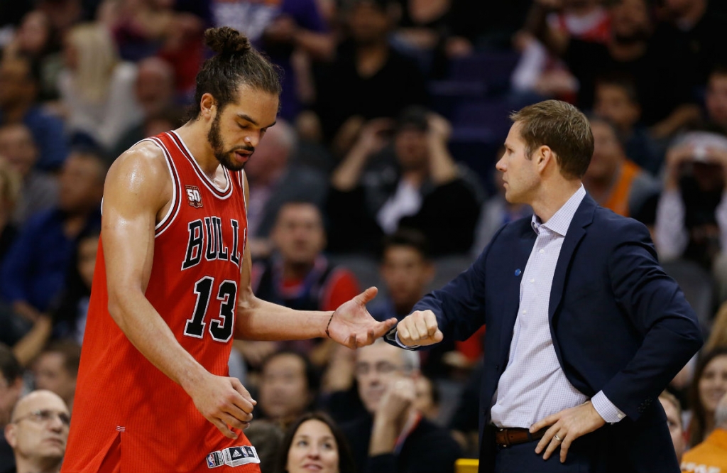 Chicago Bulls center Joakim Noah and new head coach Fred Hoiberg