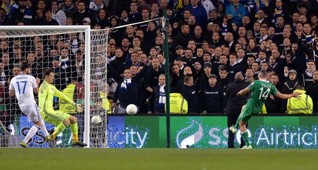 Jonathan Walters fires home his second goal during the Republic of Ireland's 2-0 win against Bosnia Herzegovina in Dublin