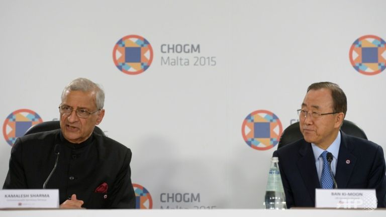 Kamalesh Sharma with UN Secretary General Ban Ki Moon at the Commonwealth Heads of Government Meeting in Valletta