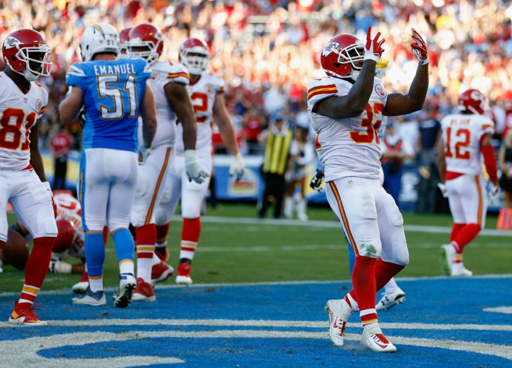 Kansas City Chiefs running back Spencer Ware #32 scored two touchdowns against the San Diego Chargers